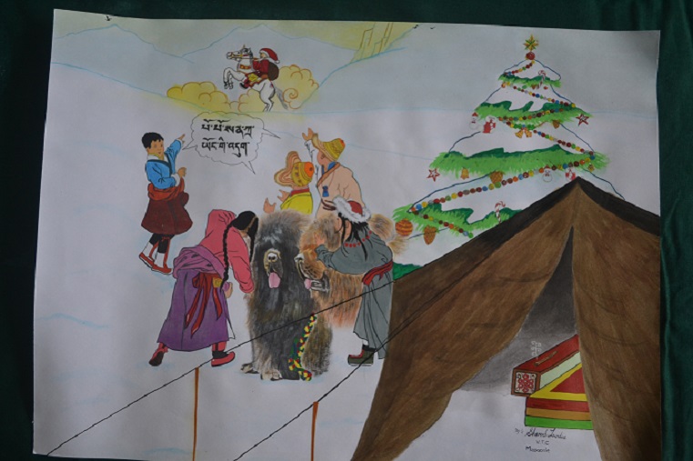 Tibetan Mastiffs - A family and their Tibetan Mastiffs gather round in excitement at the arrival of Santa. The caption reads "Grandpa Santa is coming!" By Sherab Tsundue