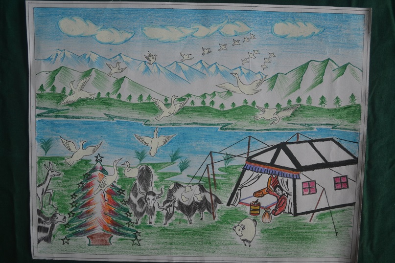 Thrung Thrung - White cranes (Thrung Thrung) bring good fortune to a nomadic Tibetan family and their yaks. By Ten Choedhen (Aged 9, Class 4A)